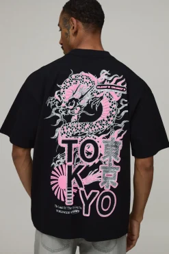 T-shirt Noir Oversize À Imprimé Dragon Synthétiqueff