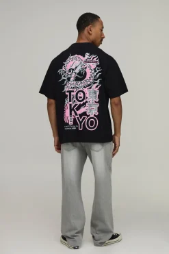 T-shirt Noir Oversize À Imprimé Dragon Synthétiqueff
