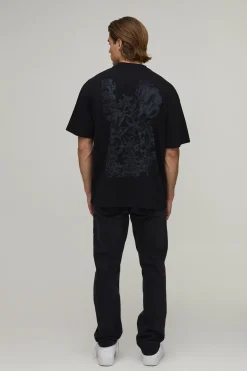 T-shirt Noir Oversize À Imprimé Dragon Tonal