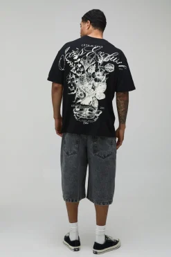 T-shirt Noir Oversize À Imprimé Floral Sur Les Coutures