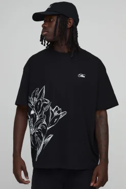 T-shirt Noir Oversize À Imprimé Floral Dessiné Au Trait