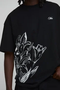 T-shirt Noir Oversize À Imprimé Floral Dessiné Au Trait