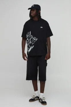 T-shirt Noir Oversize À Imprimé Floral Dessiné Au Trait