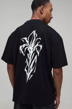 T-shirt Noir Oversize À Imprimé Floral Esquissé