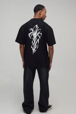 T-shirt Noir Oversize À Imprimé Floral Esquissé