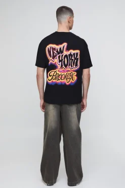 T-shirt Noir Oversize Imprimé New York À L'aérographe