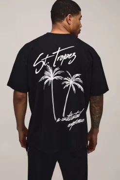 T-Shirt Noir Oversize à Imprimé Palmier Gonflé St Tropez