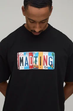 T-shirt Noir Oversize À Imprimé Plaque D'immatriculation