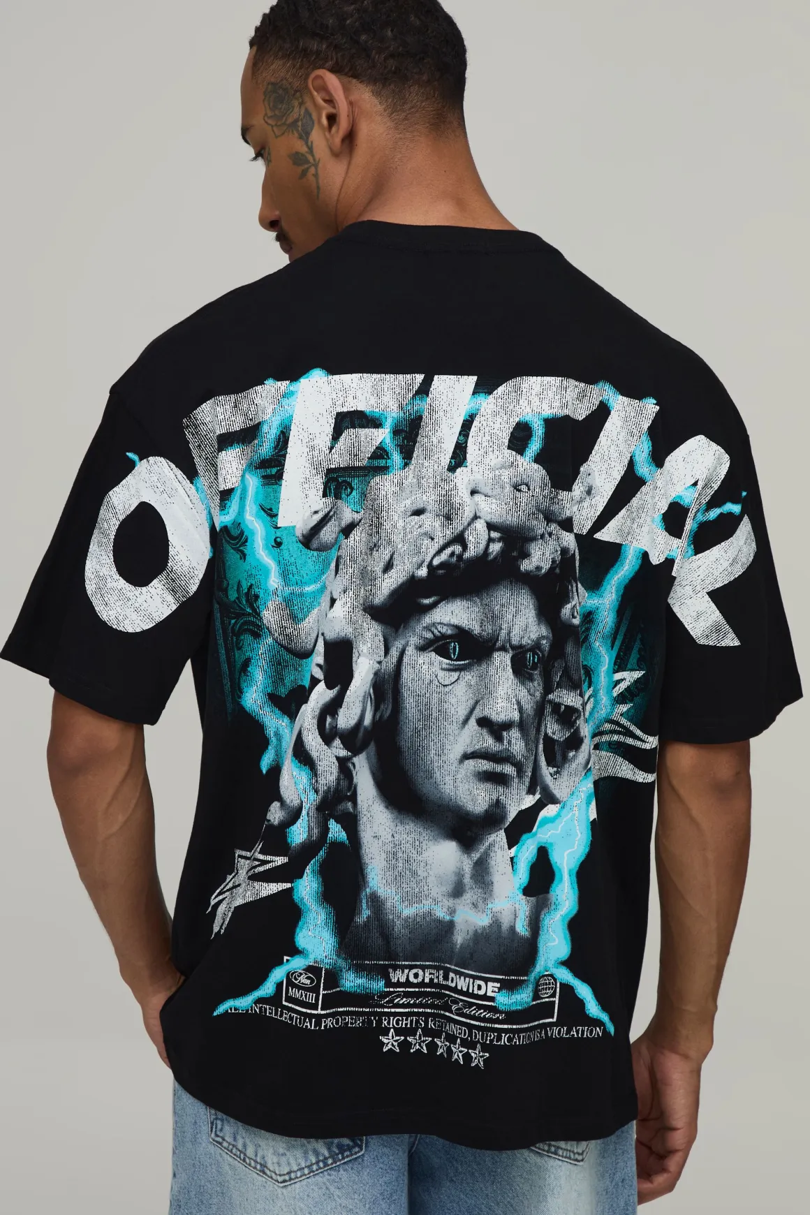 T-shirt Noir Oversize À Imprimé Statue Sur Les Coutures