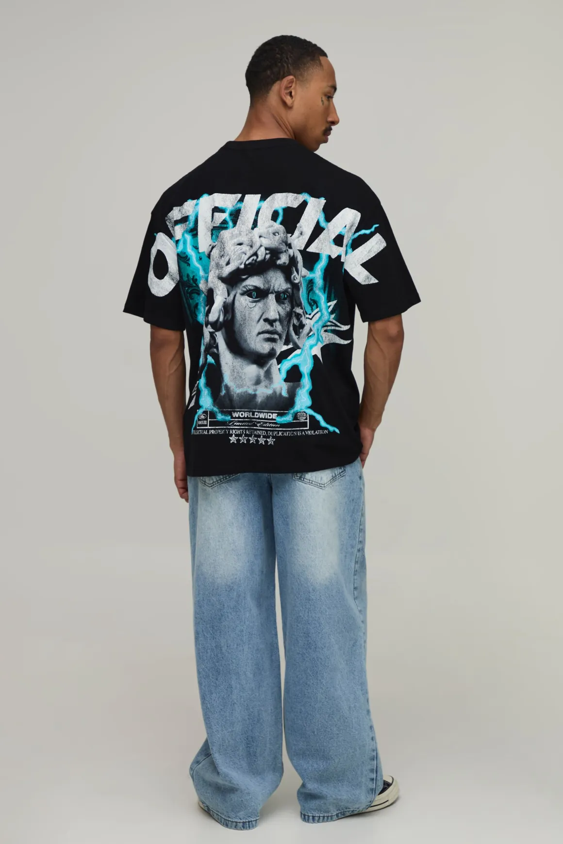 T-shirt Noir Oversize À Imprimé Statue Sur Les Coutures
