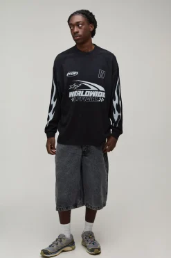 T-shirt Noir Oversize À Manches Longues Imprimé Course Automobile Effet Spray Délavé