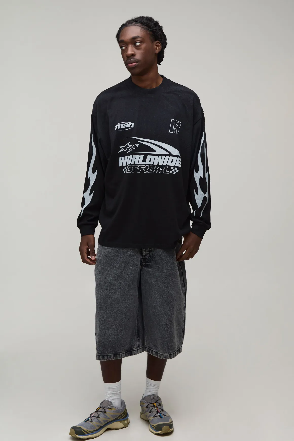 T-shirt Noir Oversize À Manches Longues Imprimé Course Automobile Effet Spray Délavé