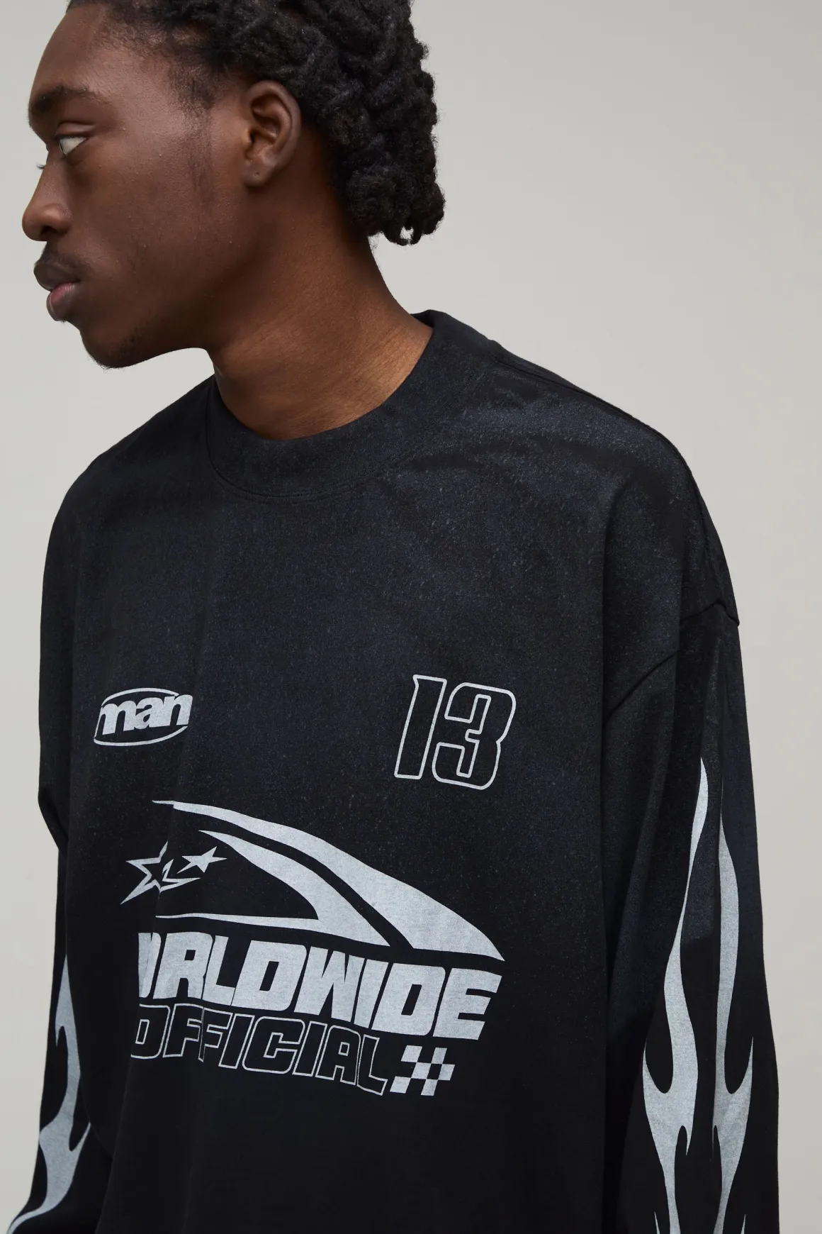 T-shirt Noir Oversize À Manches Longues Imprimé Course Automobile Effet Spray Délavé