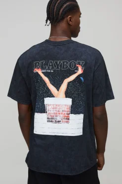 T-shirt noir oversize Playboy de Noël en acid wash avec impression sous licence