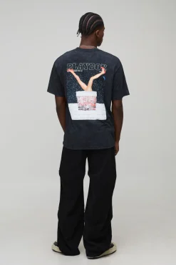 T-shirt noir oversize Playboy de Noël en acid wash avec impression sous licence