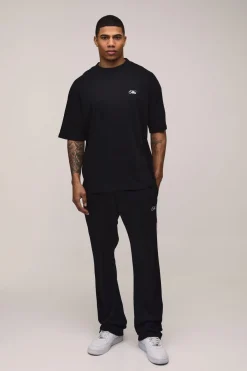 T-Shirt Noir Surdimensionné à Col Étendu avec Imprimé Esquisse Monaco Interlock