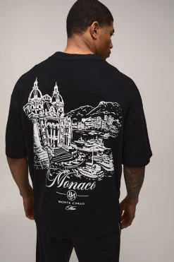 T-Shirt Noir Surdimensionné à Col Étendu avec Imprimé Esquisse Monaco Interlock
