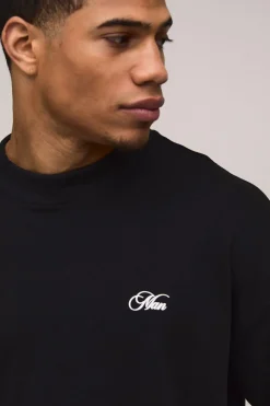 T-Shirt Noir Surdimensionné à Col Étendu avec Imprimé Esquisse Monaco Interlock