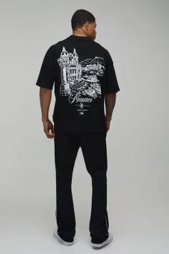 T-Shirt Noir Surdimensionné à Col Étendu avec Imprimé Esquisse Monaco Interlock