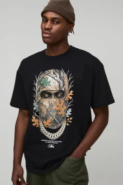 T-shirt noir surdimensionné à col étendu avec imprimé masque de ski