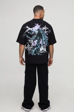 T-shirt noir surdimensionné, lourd, à imprimé gothique