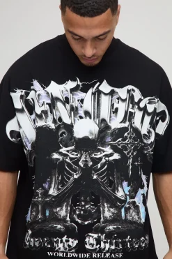 T-shirt noir surdimensionné, lourd, à imprimé gothique