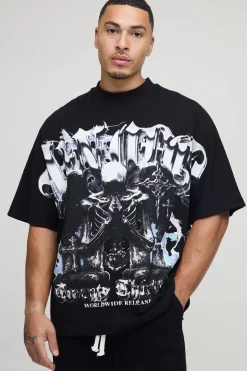 T-shirt noir surdimensionné, lourd, à imprimé gothique
