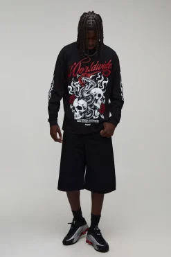 boohooMAN T-shirt Surdimensionné À Manches Longues Imprimé Tatouage Gothique<Homme T-Shirts Impriméstendances|T-Shirts