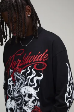 boohooMAN T-shirt Surdimensionné À Manches Longues Imprimé Tatouage Gothique<Homme T-Shirts Impriméstendances|T-Shirts