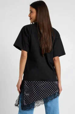 T-shirt À Ourlet Asymétrique En Satin À Pois Et Dentelle