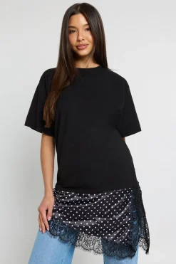 T-shirt À Ourlet Asymétrique En Satin À Pois Et Dentelle