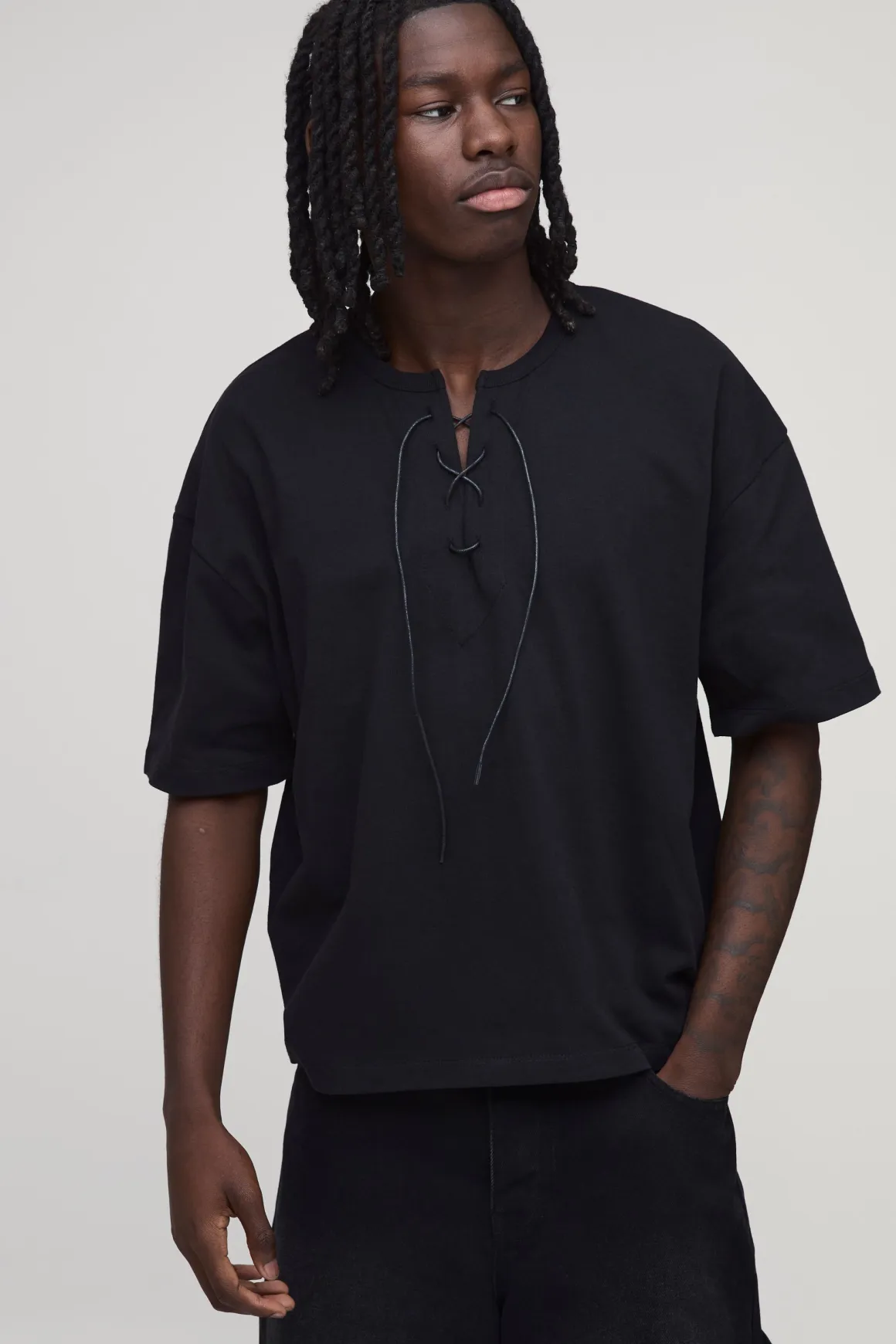 T-shirt Oversize Ample Col V Avec Cordon De Serrage