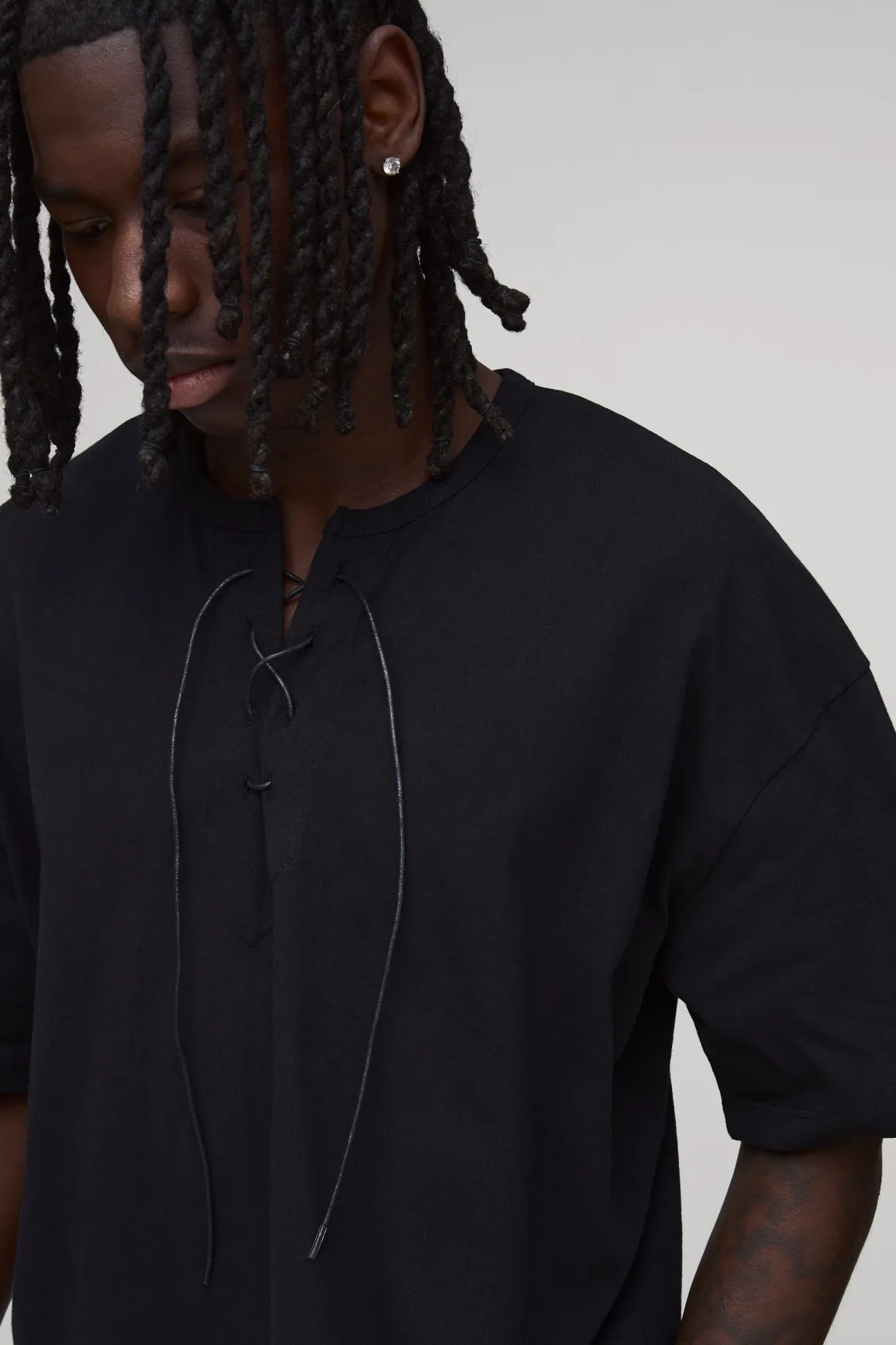 T-shirt Oversize Ample Col V Avec Cordon De Serrage