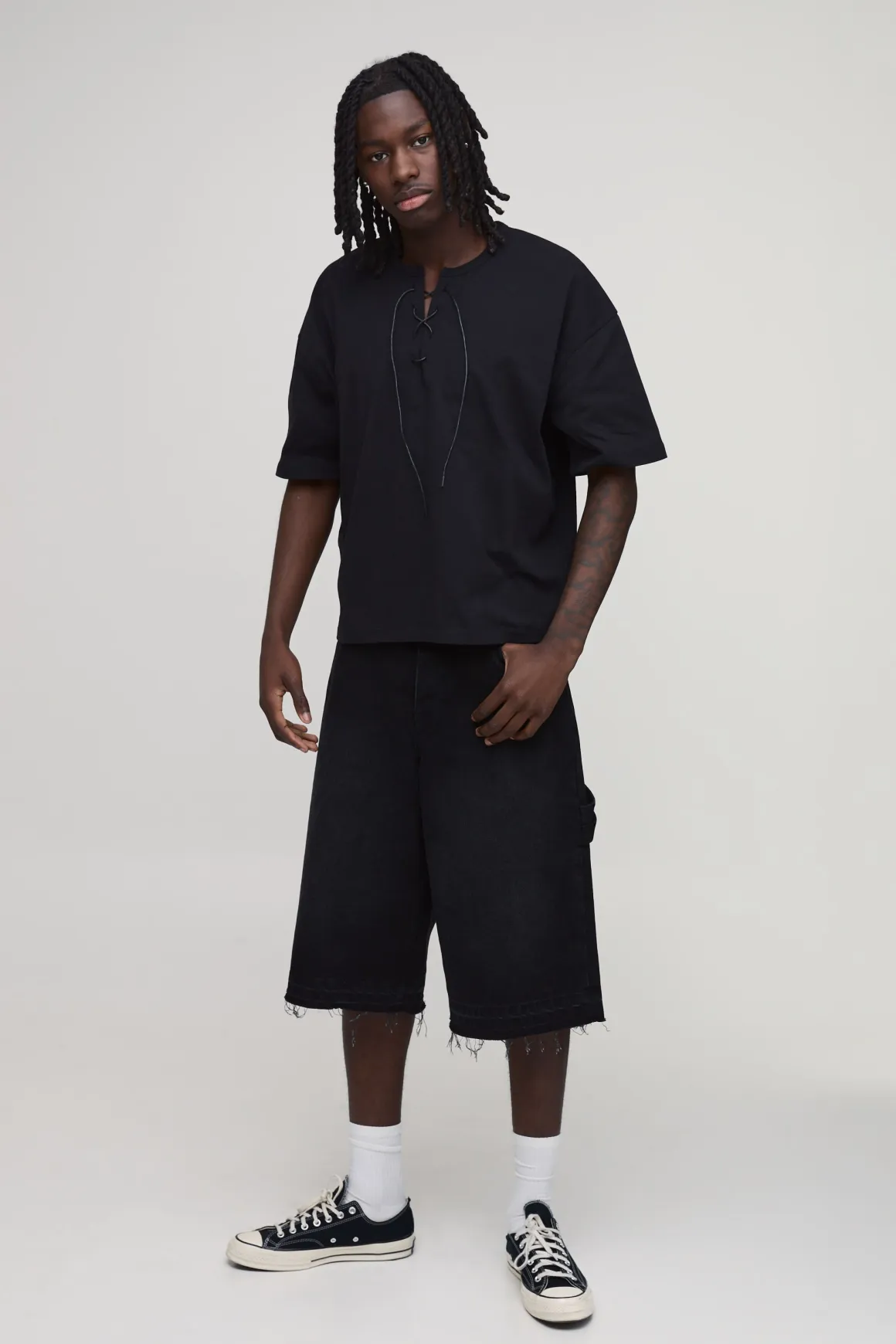 T-shirt Oversize Ample Col V Avec Cordon De Serrage