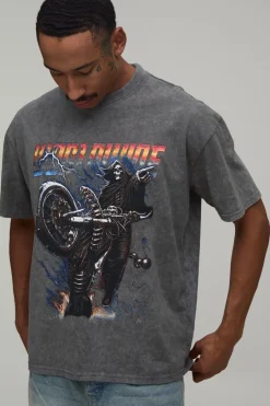 T-shirt Oversize Ample Délavé Anthracite Imprimé Gothique Worldwide