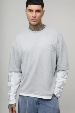 T-shirt Oversize Ample Effet Superposé Délavage Acide Avec Appliqué Coupe Tall