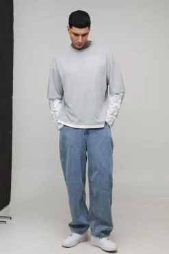 T-shirt Oversize Ample Effet Superposé Délavage Acide Avec Appliqué Coupe Tall
