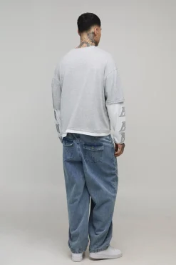 T-shirt Oversize Ample Effet Superposé Délavage Acide Avec Appliqué Coupe Tall