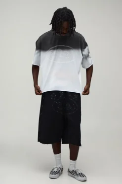 T-shirt Oversize Ample En Coton Épais Délavé Effet Usé Avec Strass