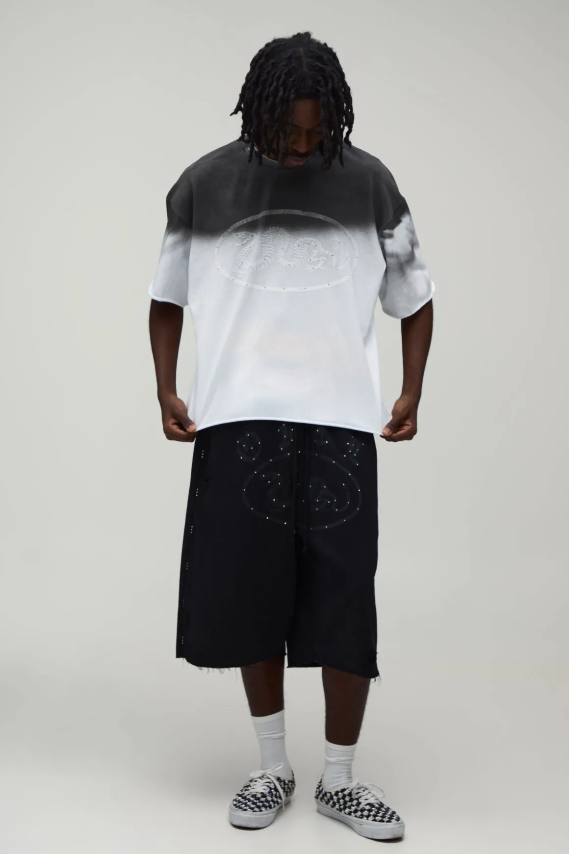 T-shirt Oversize Ample En Coton Épais Délavé Effet Usé Avec Strass
