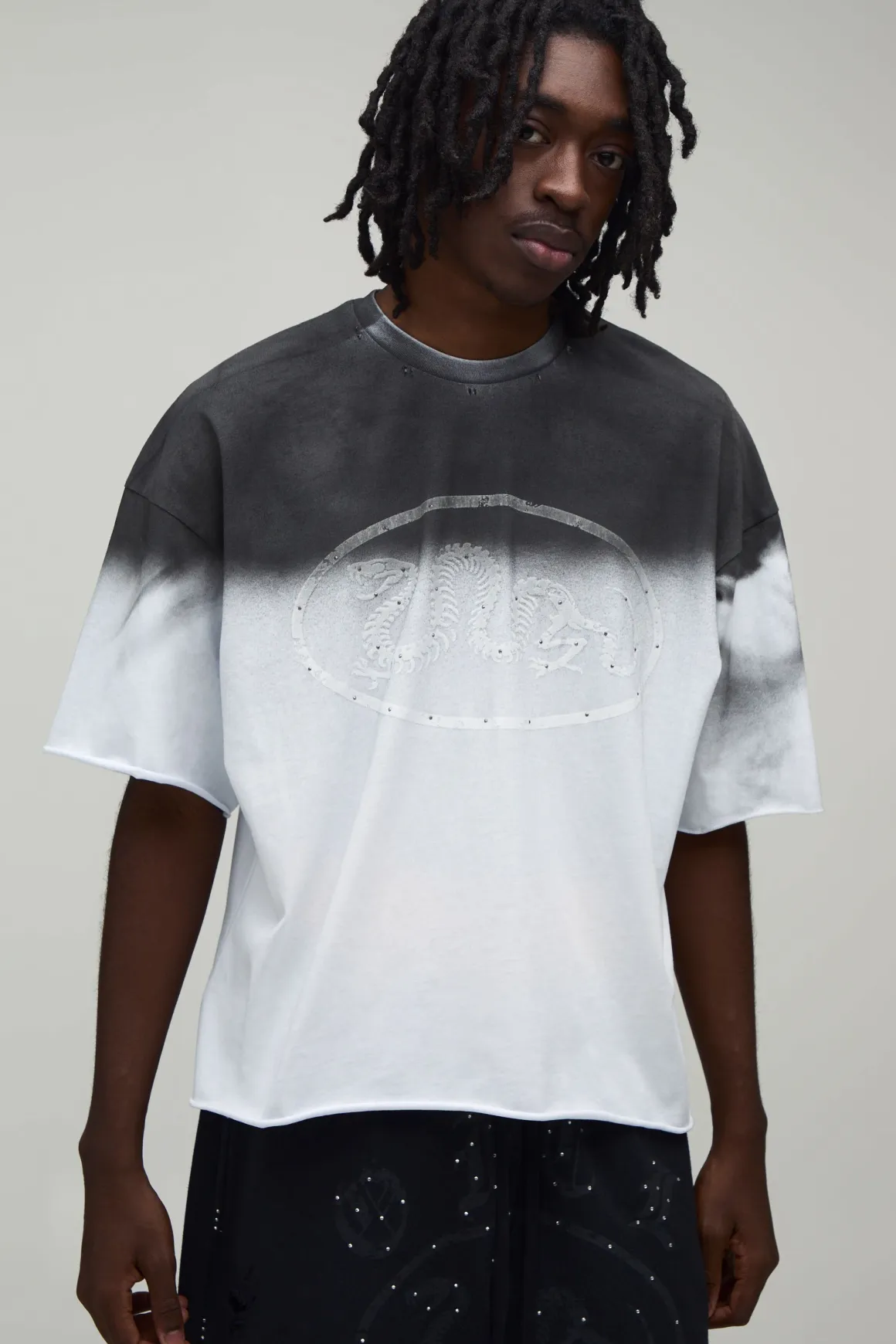T-shirt Oversize Ample En Coton Épais Délavé Effet Usé Avec Strass