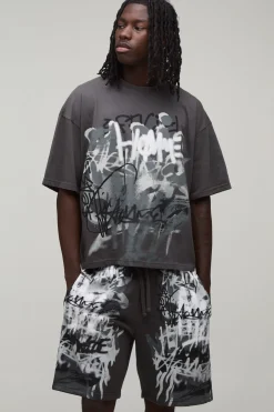 T-shirt Oversize Ample À Graffiti & Short Jersey Décontracté