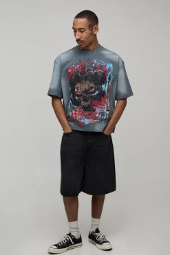 T-shirt Oversize Ample Imprimé Gothique Délavé Avec Ornements