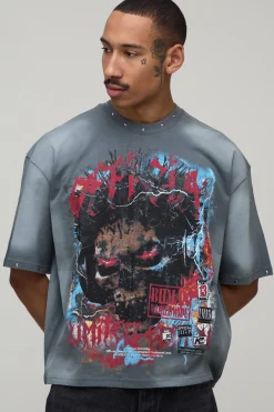 T-shirt Oversize Ample Imprimé Gothique Délavé Avec Ornements