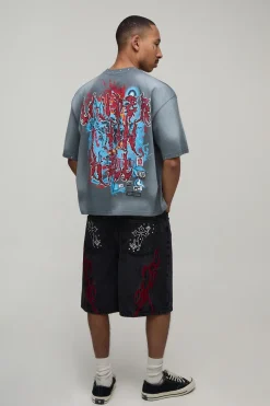 T-shirt Oversize Ample Imprimé Gothique Délavé Avec Ornements