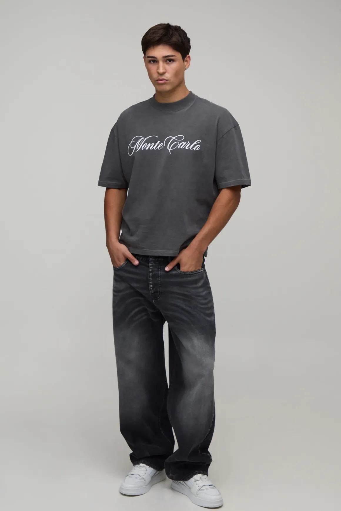 T-shirt Oversize Ample Noir Délavé Imprimé Monte Carlo