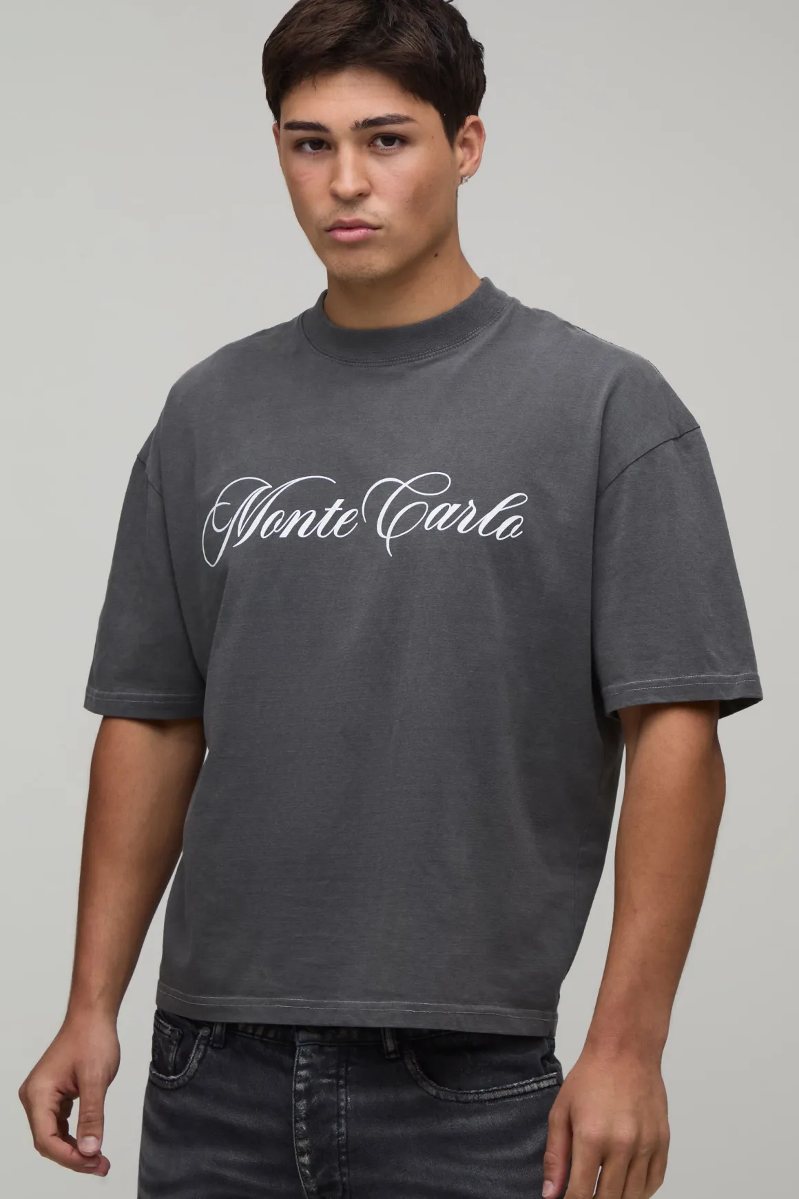 T-shirt Oversize Ample Noir Délavé Imprimé Monte Carlo