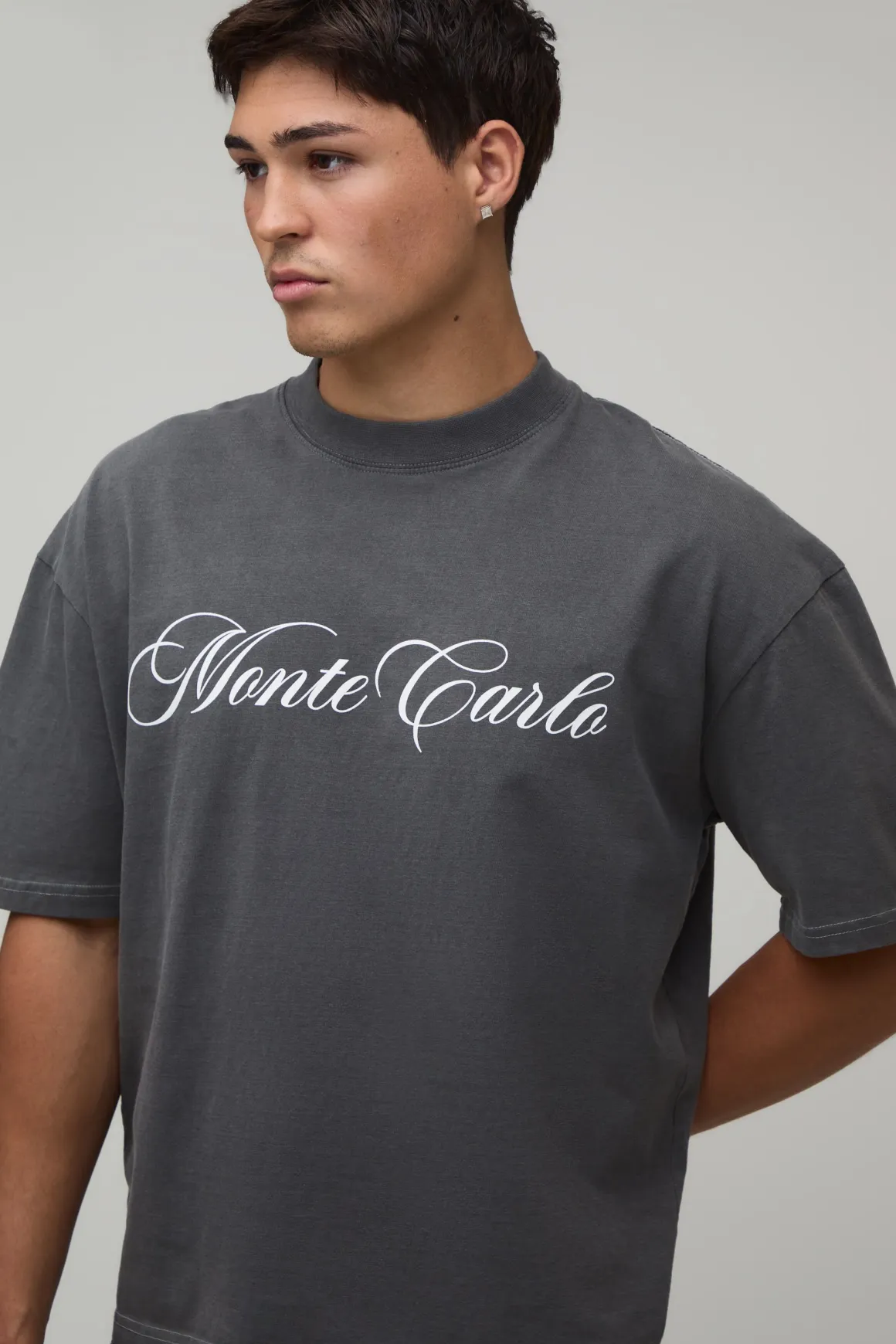 T-shirt Oversize Ample Noir Délavé Imprimé Monte Carlo