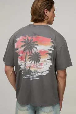T-shirt Oversize Anthracite À Imprimé Palmier Coucher De Soleil