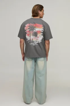 T-shirt Oversize Anthracite À Imprimé Palmier Coucher De Soleil